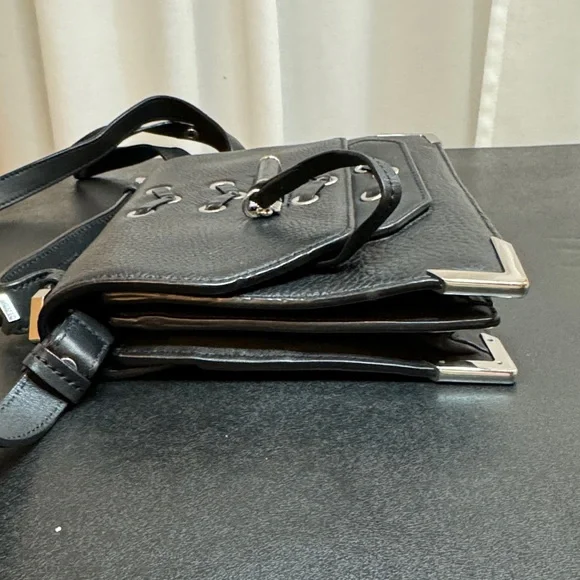 Mackage Black Pebbled Leather Crossbody Bag Arrow Detail & Hardwear Motorcycle - Picture 4 of 12